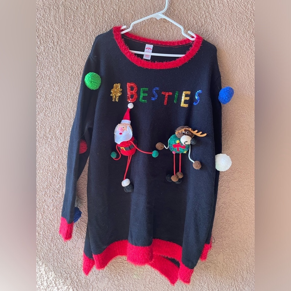 Holiday Time Ugly Christmas Sweater Pom Pom Stuffed Animal "Besties" Size 2x